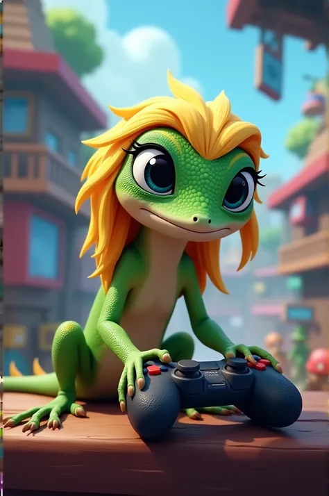 Make a realistic gecko with blonde hair playing brawl stars