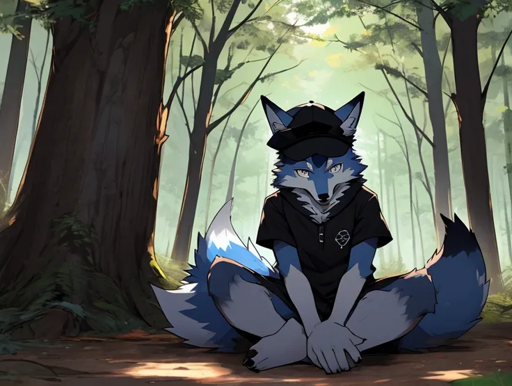 A dark blue fox with a yellow Kemono humanoid wolf sitting on the ground in front of the forest with a sad expression., wearing round black glasses, usando um casaco preto, wearing a black cap with the letters ZR on the cap.