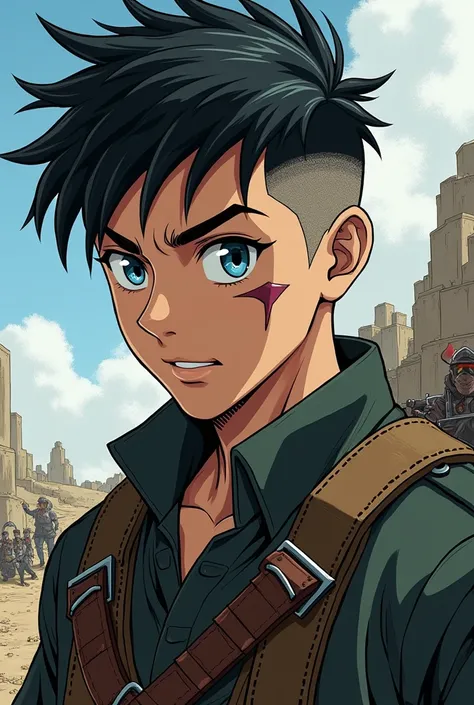 in manga style, a young soldier with black hair shaved on the sides a bit like a viking. His right eye is closed by a scar and his left eye is blue in color.