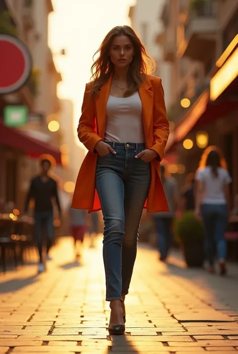 Create an image of a model confidently walking down a bustling city street during golden hour. She is dressed in a chic, oversized blazer paired with high-waisted jeans and statement heels. The background features trendy shops and cafes with people in moti...