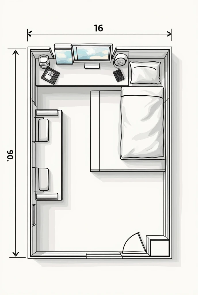 Create a floor plan for a bedroom divided with an office. The desk is large and has 2 monitors. The bedroom is small and has a double bed. 