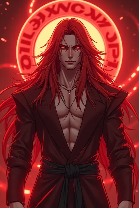 realistic anime‚ red hair‚ handsome‚ god‚ cool‚ handsome american‚ red background‚ big logo REDGANGSTA in background