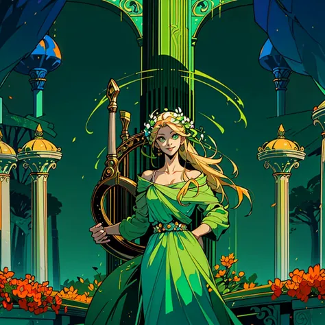 1woman, alone, 25 years old, young, blonde hair, green eyes, insister sur les reflets des yeux verts, cheveux blonds, long hair, green dress, robe verte, green outfit, green clothes, pure outfit, smiling, soft expression, hades style, hades game, Jen zee s...