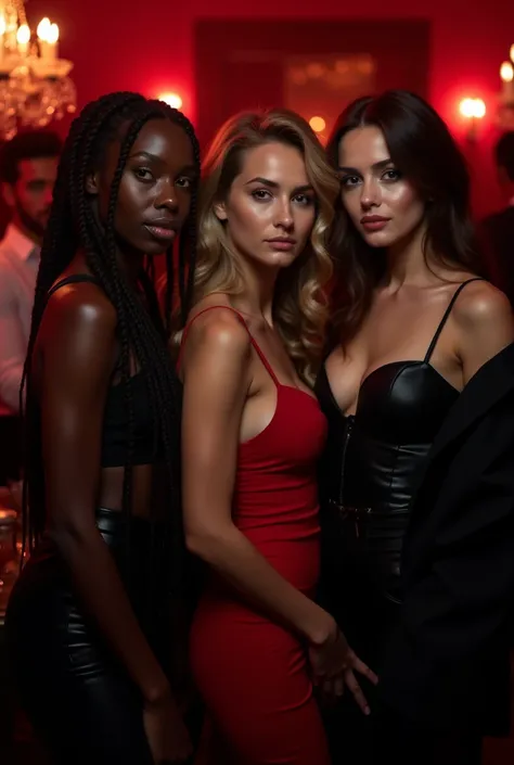 Here is a detailed description for the image: Three women are in the spotlight, similar in appearance to the photos you provided. They are at a party with a predominantly black and red background., with subtle lighting to highlight the sophisticated noctur...