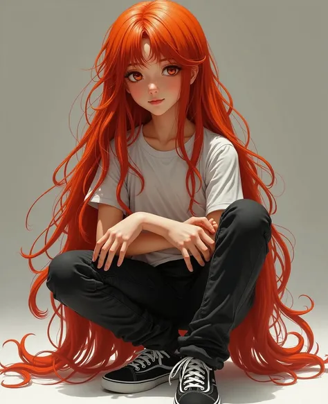 boy realistic style, long red hair down to the floor, black pants, white t-shirt