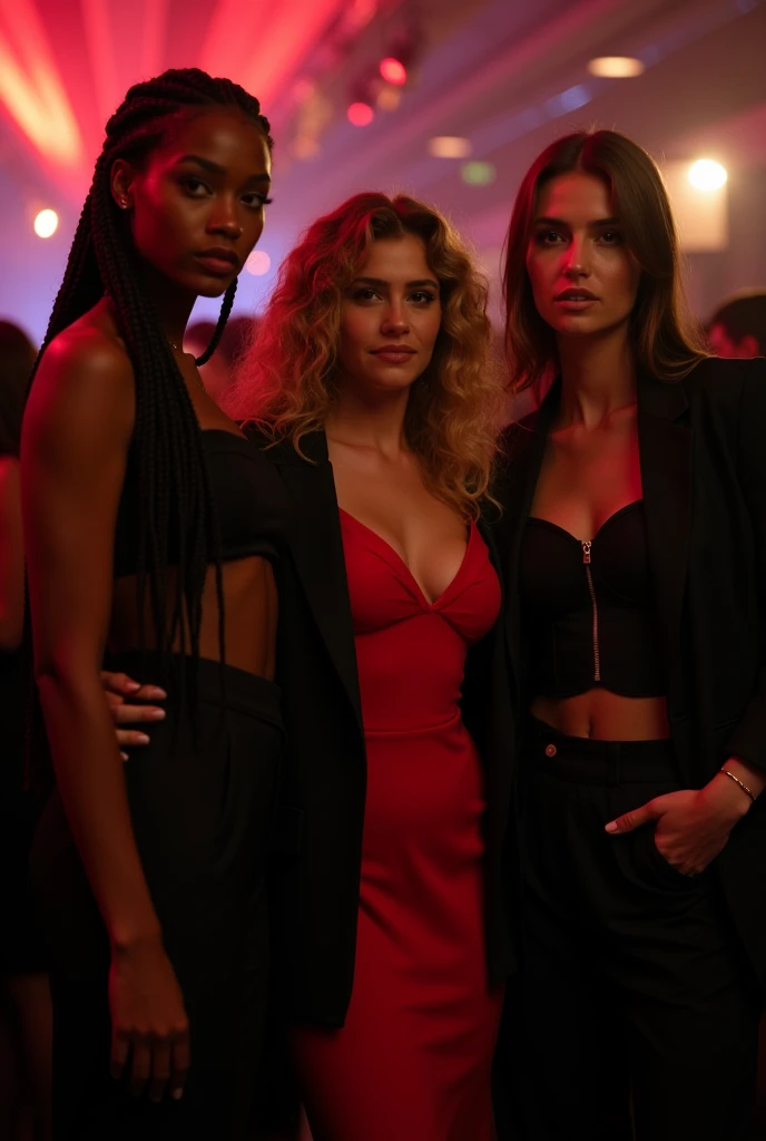 Here is a detailed description for the image: Three women are in the spotlight, similar in appearance to the photos you provided. They are at a party with a predominantly black and red background., with subtle lighting to highlight the sophisticated noctur...