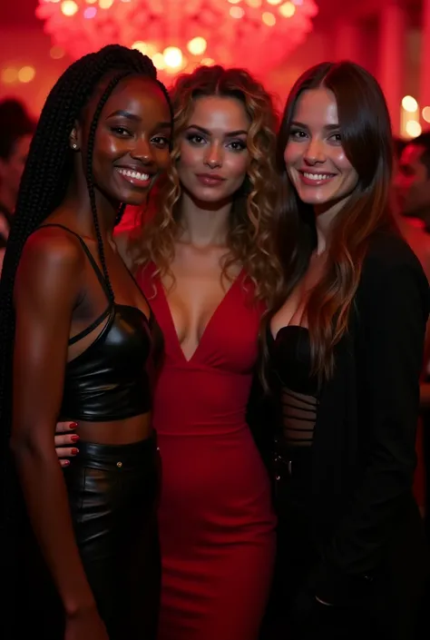 Here is a detailed description for the image: Three women are in the spotlight, similar in appearance to the photos you provided. They are at a party with a predominantly black and red background., with subtle lighting to highlight the sophisticated noctur...