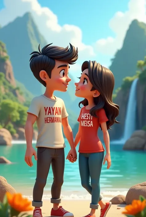 3D cartoon image of a handsome man wearing a t-shirt that says YAYAN HERMAWAN holding hands with a beautiful woman wearing a t-shirt that says HESTI MEISA with a beautiful background of mountains and waterfalls