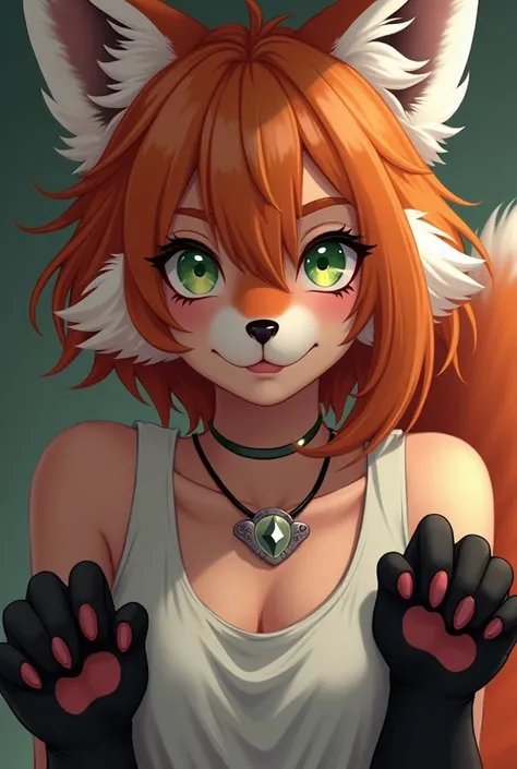 Closeup of an anthro furry red panda female wearing a loose white tank top, paws, paw pads towards viewer, flirt green eyes, with emo style necklace