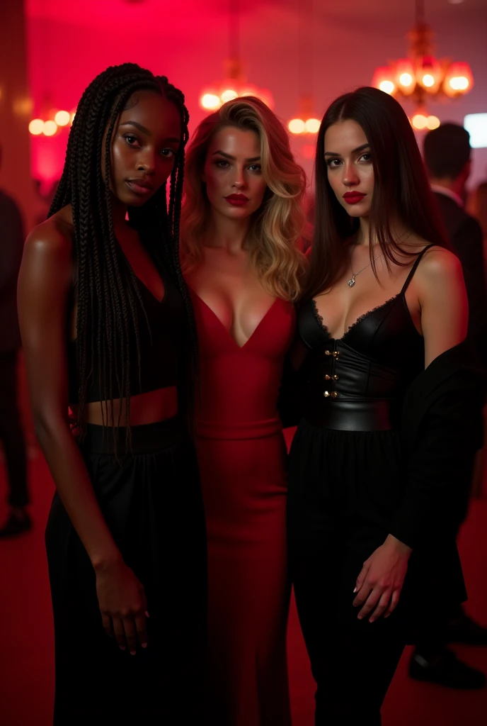 Here is a detailed description for the image: Three women are in the spotlight, similar in appearance to the photos you provided. They are at a party with a predominantly black and red background., with subtle lighting to highlight the sophisticated noctur...