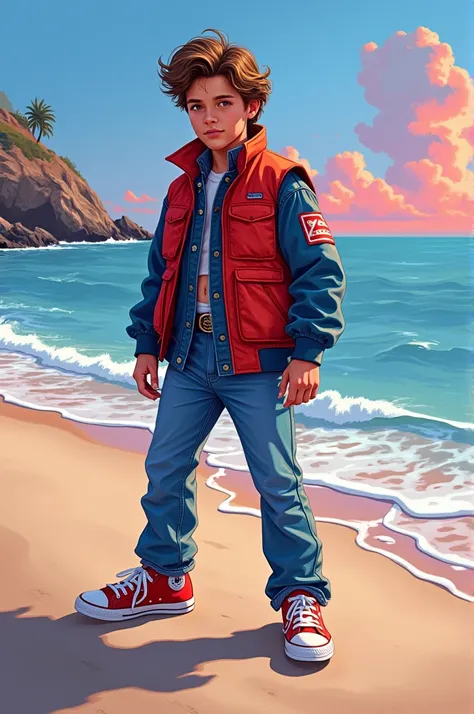 Make me Marty McFly drawn with colors on the beach 