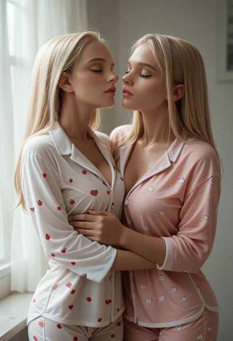 two beautiful women, thin blondes, sexy pajamas,wet, touching