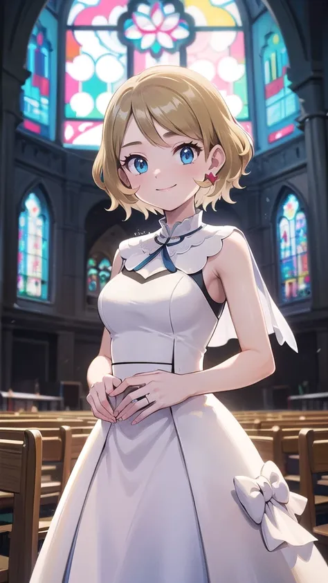 Masterpiece, perfect lighting, (beautiful, Best quality: 1.3), Perfect eyes, perfect anatomy, absurd, 8k, ccserena, solo, short hair, smile, in loved, earrings, eyelashes, blue eyes, wedding dress, in the church