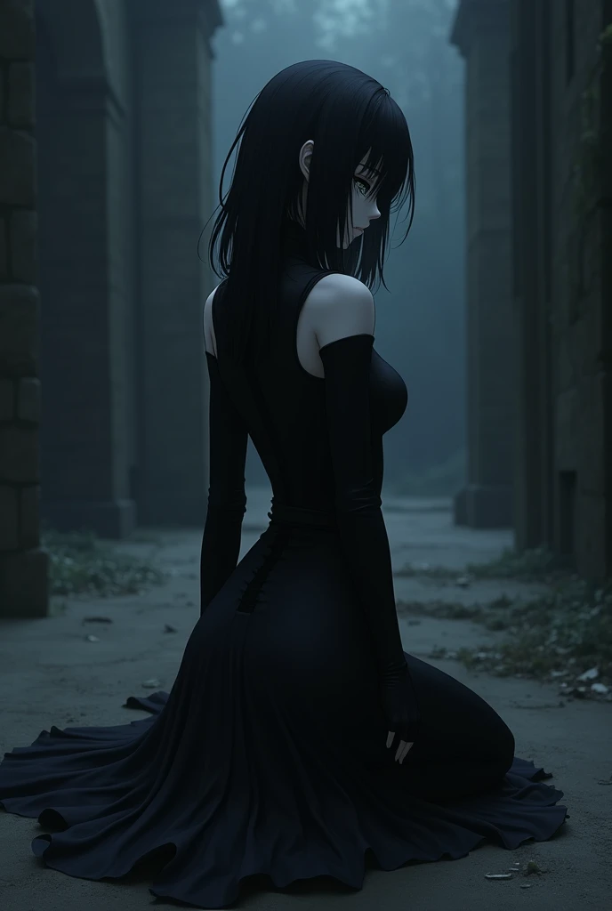 Anime style, best quality, black clothes, black hair, white skin, on knees, not looking at the camera 
