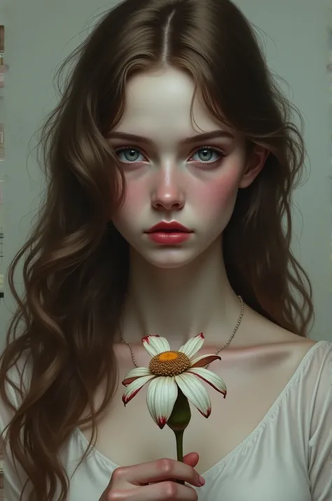 Aristocratic girl, brown hair, blue eyes, White skin, with serious expression, holding a wilted white flower, with blood