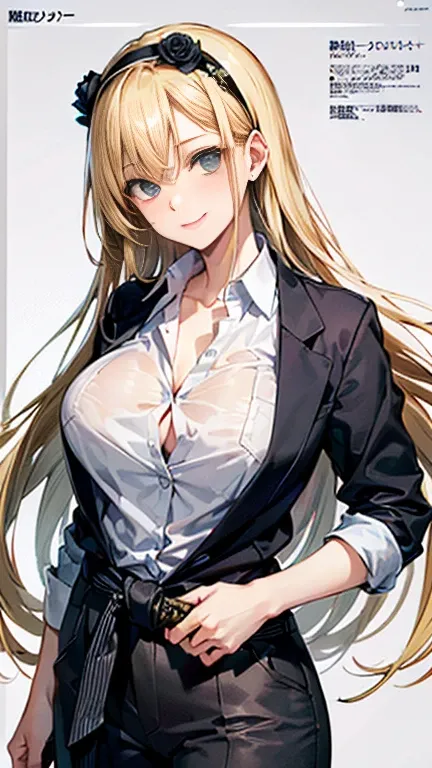 Beauty,Around 20 years old,

((Blonde)),
((漆blackの瞳)),
(Semi-long hair:1.7),
(expression:smile),
(Squint your eyes),
Big Breasts,
Cleavage:cover,
Tilt your head 15 degrees,

((business suit:Waist wrap)),
((Dress shirt:Rolled up sleeves)),
((Slack Pants:No ...