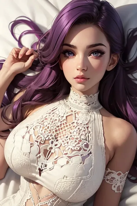 (ultra realistic,32k, masterpiece:1.2),(highly detailed skin:1.1), 8k hd, DSLR, high quality, (thicklips), 1 girl,purple hair, long hair,(aquamarine eyes:0.9) ,Tuscan tan crochet bodycon dress, neckline, , huge chest, (looking at viewer, seductive and flir...