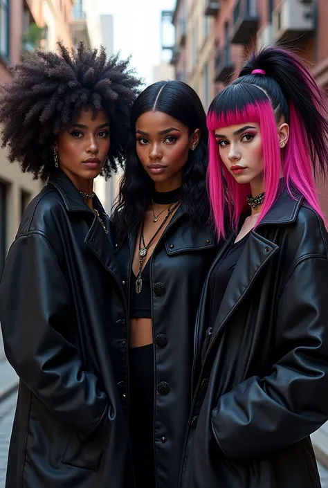 Two E-girls with black coats and curly black Power hair, and another e-girl with a black coat, straight hair with pink bangs, a little towards red, with the rest of her hair black, and a dark-skinned man with short hair shaved on the side, with a thick cor...