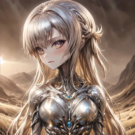 ((Highest quality)), ((masterpiece)), (detailed), （Perfect Face）、The woman is a metallic lifeform named Yuuki Asuna, with metallic silver skin and medium-long silver metallic hair.、The woman is a metallic lifeform made entirely of metal.