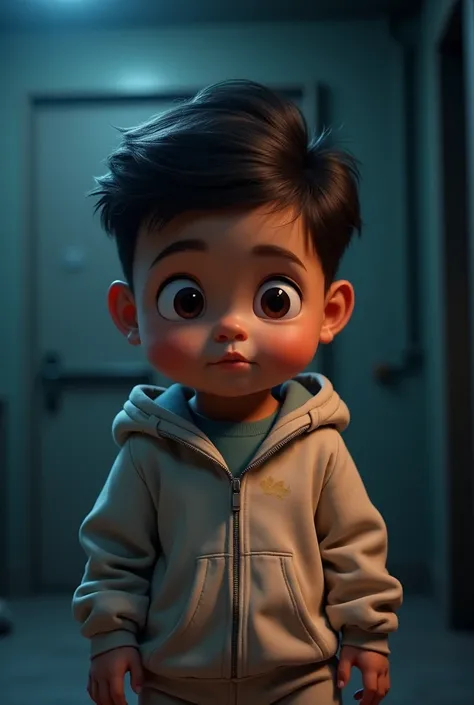 Cinematic Cartoon style. Comic art. TME0224 face, (((a baby boy, 4yo))) in a funny night (((wearing a baggy zipper onesie))). (((Prison Cell background))). cinematic lighting, drop shadow, masterpiece, UHD, anatomically correct, textured skin, super detail...