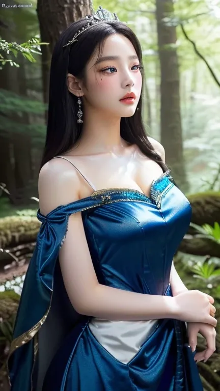 A close-up of a woman in a dress in a forest, Beautiful character painting, portrait of snow White, pale snow White skin, 4k high definition. snow White hair, snow White, Beautiful lady, beautiful female princess, guweiz style artwork, realistic disney pho...