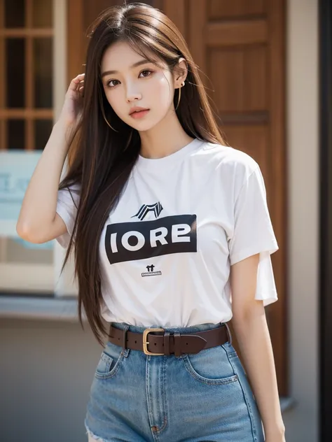 Long Hair, Brown Hair, earphone, ｔShirt Solo High Definition, Belt 1 girl, 