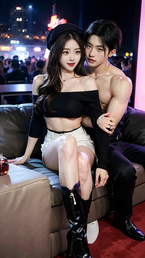 night club, whiskey table, Sofa, club room, couple selfie, smartphone selfie, Two muscular, shirtless, fit, handsome 34-year-old Korean men enjoying drinking with a pretty, slender 24-year-old Korean woman wearing an off-shoulder top, miniskirt, over-the-k...