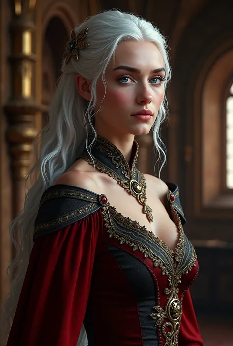 a targaryen woman, beautiful woman with silver white hair, piercing blue eyes, flawless pale skin, elegant facial features, regal and authoritative posture, wearing a luxurious red and black dress, intricate embroidery, long flowing cape, medieval fantasy ...