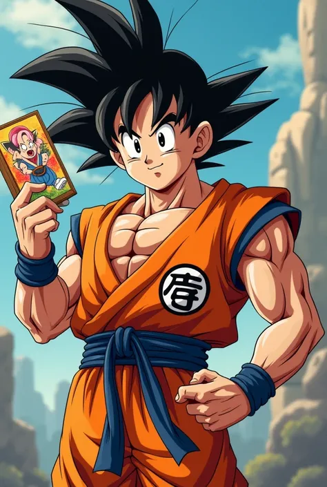 goku holding a painting with his hand