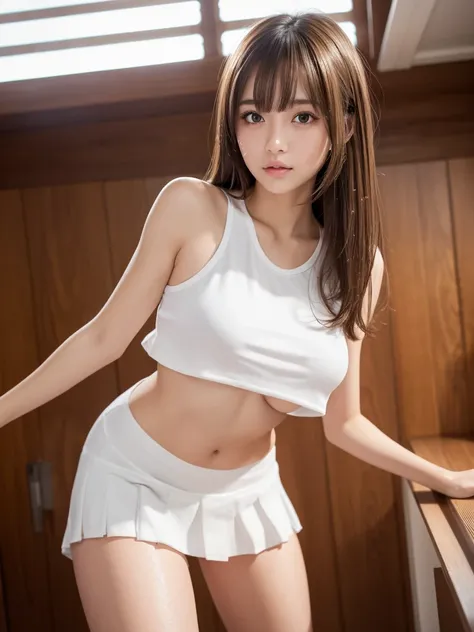 Product quality,1 girl,Cowboy Shot,Front view,Thigh Emphasis,(Knee-deep shots:1.3),Young and sexy Japanese girl,18-year-old,Dimly lit changing room,Wearing tennis clothes,(White ultra short micro pleated mini skirt),wear,No underwear,((Small Head,face:0.4)...