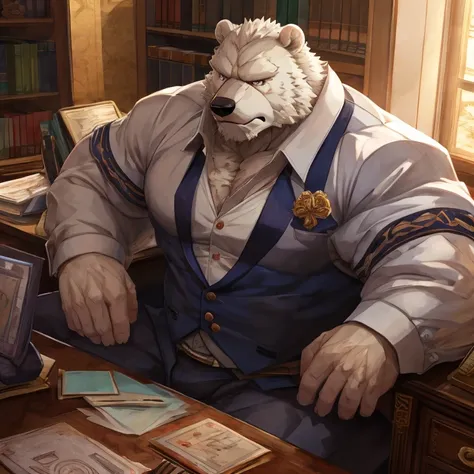 cel anime, 1man, very intimidating and stern, serious expression, mature Middle-aged polar bear beastman, sitting at an office, very buff, fluffy body, furry Muscular, stocky, bulging body, wearing formal clothes, ((perfect anatomy)), ((masterpiece)), ((be...