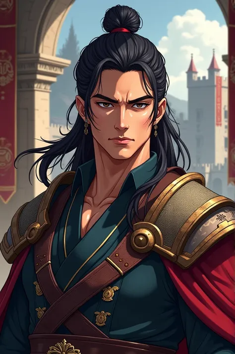 Handsome hispanic male, anime, long hair in a bun, medieval swordsman, portrait, scar on left eye.