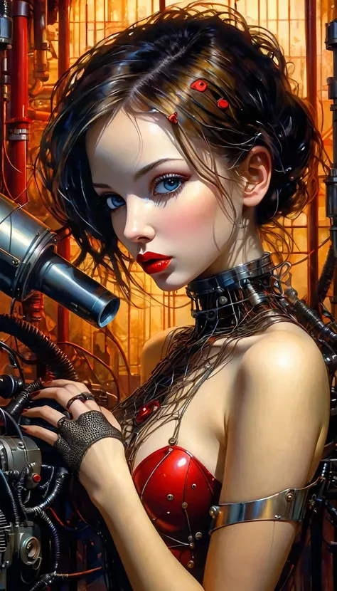 Sexy cyborg girl, with an opening in her chest, we see her heart with a network of red tubes that go to a large machinery, eroticism, sexy,  (best quality, 4k, 8k, high resolution, masterpiece: 1.2), ultra-detailed, (realistic, photorealistic, photorealist...