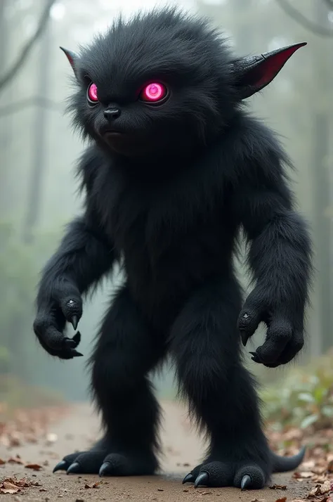 Create a monster that will have a large head the size of a pumpkin with black hair that covered its body and so much hair on its head that you couldnt see its face, except for its bright pink eyes and its pointed ears. This hairy beast, 2 meters high, has ...