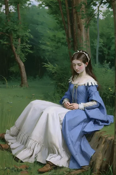 A young woman of noble lineage, dressed in medieval attire, is crouched down, holding a blue thistle in her hands. The woman is depicted in solid blue, while the thistle is in solid yellow. Her posture and expression convey deep exhaustion and weariness, a...