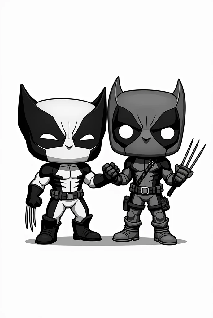 The image features a Wolverine and Deadpool character together as best friends in Funko Pop style. (in strokes, no shadings), Rounded head with full mask covering the face, There must be an empty white background, no shading, with open space between the li...