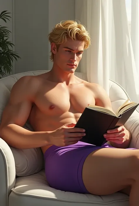 Blond man in purple underwear sitting while reading