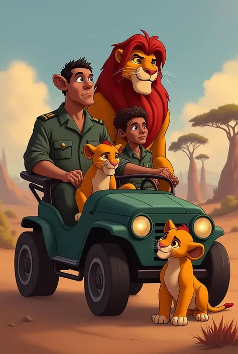 add cars,and each car must contain an uncle (one caracter,minus timão pumba and scar), and a lion cub (representing the teenager). uncles must be wearing eac uniforms. and the image must have other things related to eac. mufasa should stay in the center. u...