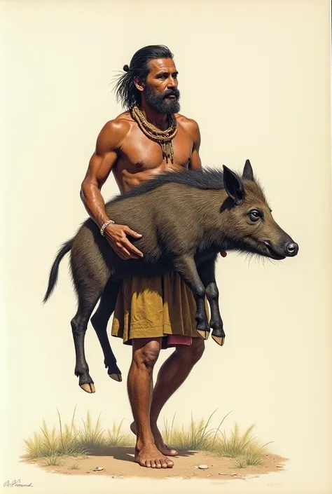 Drawing of an indigenous person from the Tapiete culture carrying a dead wild boar in the Bolivian Chaco

