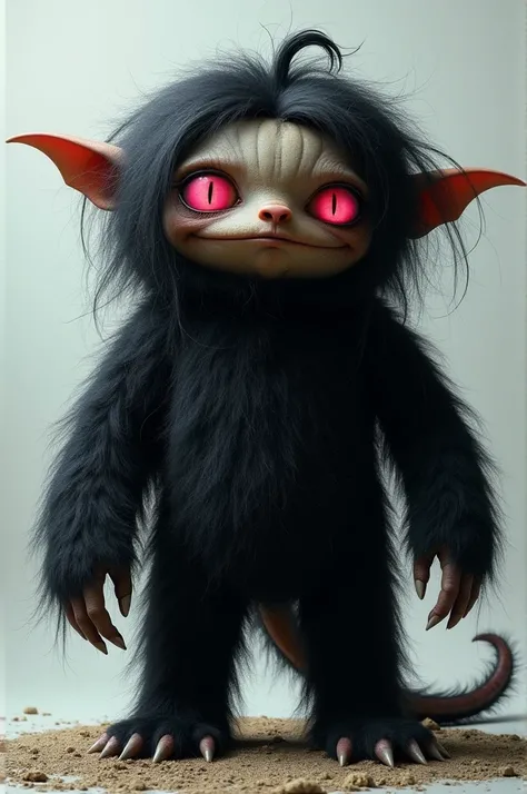 Create a monster that will have a large head the size of a pumpkin with black hair that covered its body and so much hair on its head that you couldnt see its face, except for its bright pink eyes and its pointed ears. This hairy beast, 2 meters high, has ...