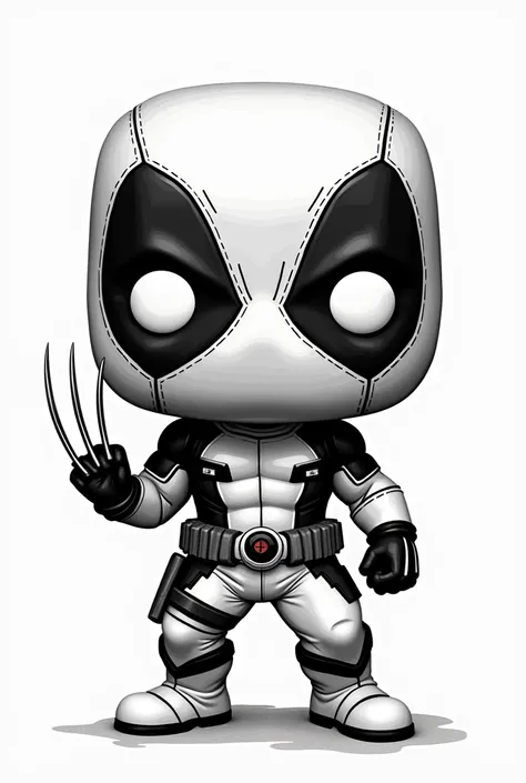 The image features a Deadpool character with Wolverine&#39;s claw in Funko Pop style. (in strokes, no shadings), Rounded head with full mask covering the face, There must be an empty white background, no shading, with open space between the lines.. in blac...