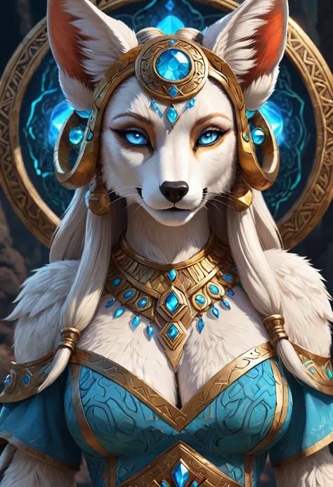 Anthropomorphic feminine kitsune ram enchantress. disk shaped ears, crystal blue eyes. Official Art – An Award-Winning Digital Masterpiece In 4K Ultra HD, Extreme Detail And Intricate Realism. Symmetrical Face. This Concept Art Brought To Life By The Hands...