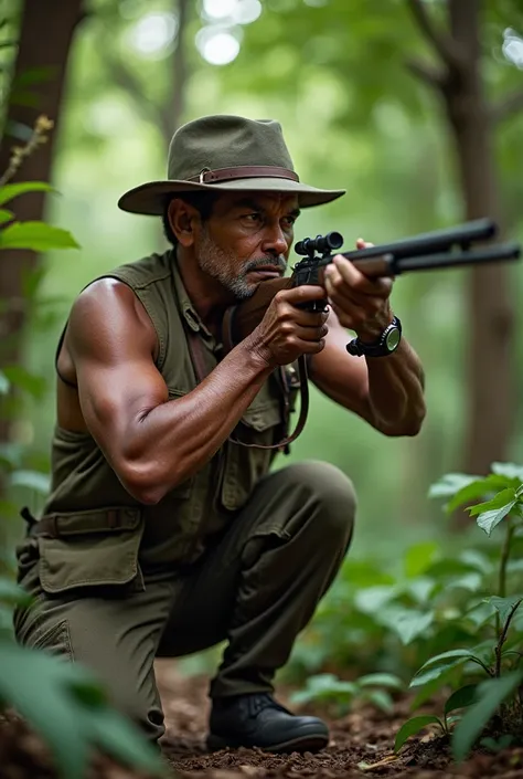 Chiquitano indigenous man hunting in the forest
