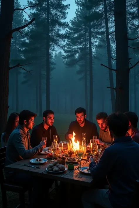 diner in a dark forest with lots of people 

