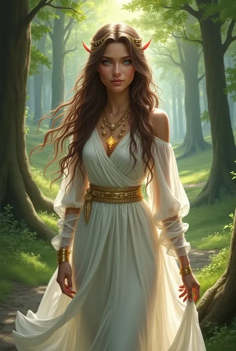 Kizi, long brown hair, Druid, forst, white gown, tails, blue colored eyes, especial effects, golden accessories, Linda