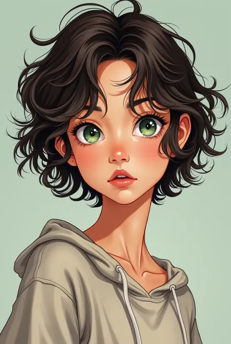 A girl with an angelic face, age seventeen. 
 skin fair, curled hair! short dark brown, clear green eyes, 
with modern clothes delicate and cute/sporty chic. shy, 

(Realistic comic style)