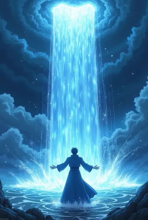 No estilo do anime black clover, do a water spell, in it the sky darkens, dense clouds begin to form, a colossal amount of water falling from the sky 