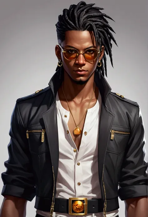 Dark-skinned young man with brown eyes and a black jacket., Black dreadlocks, Black prescription glasses, Hairstyle with dreadlocks, Black horns coming from head, in human style, colorful sketch, unrealistic character concept, Conceptual portrait of my cha...