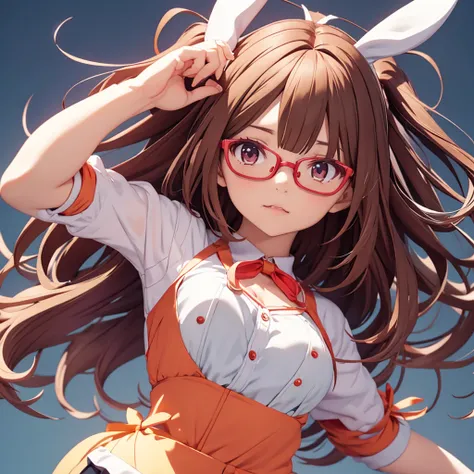 Anime girl with bunny ears and glasses putting her hands to her face,long wavy dark brown hair, open bangs,visual anime of a cute girl, render of a cute 3d anime girl, soft anime cg art, cute anime girl, animated cgi style, 3d anime girl, young anime girl,...