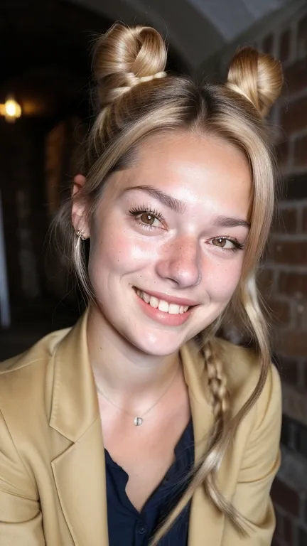 (shot from a Dutch angle, closeup on face:1.2) photo of GeorgiaEllenwood,
smiling,
she is wearing dog costume
,
she is wearing lapels,
her hair is styled as spiral bun,
BREAK she is (in the cellar:1.1),
soft fill lighting,
shot on Bolex H16
,50mm
,long exp...